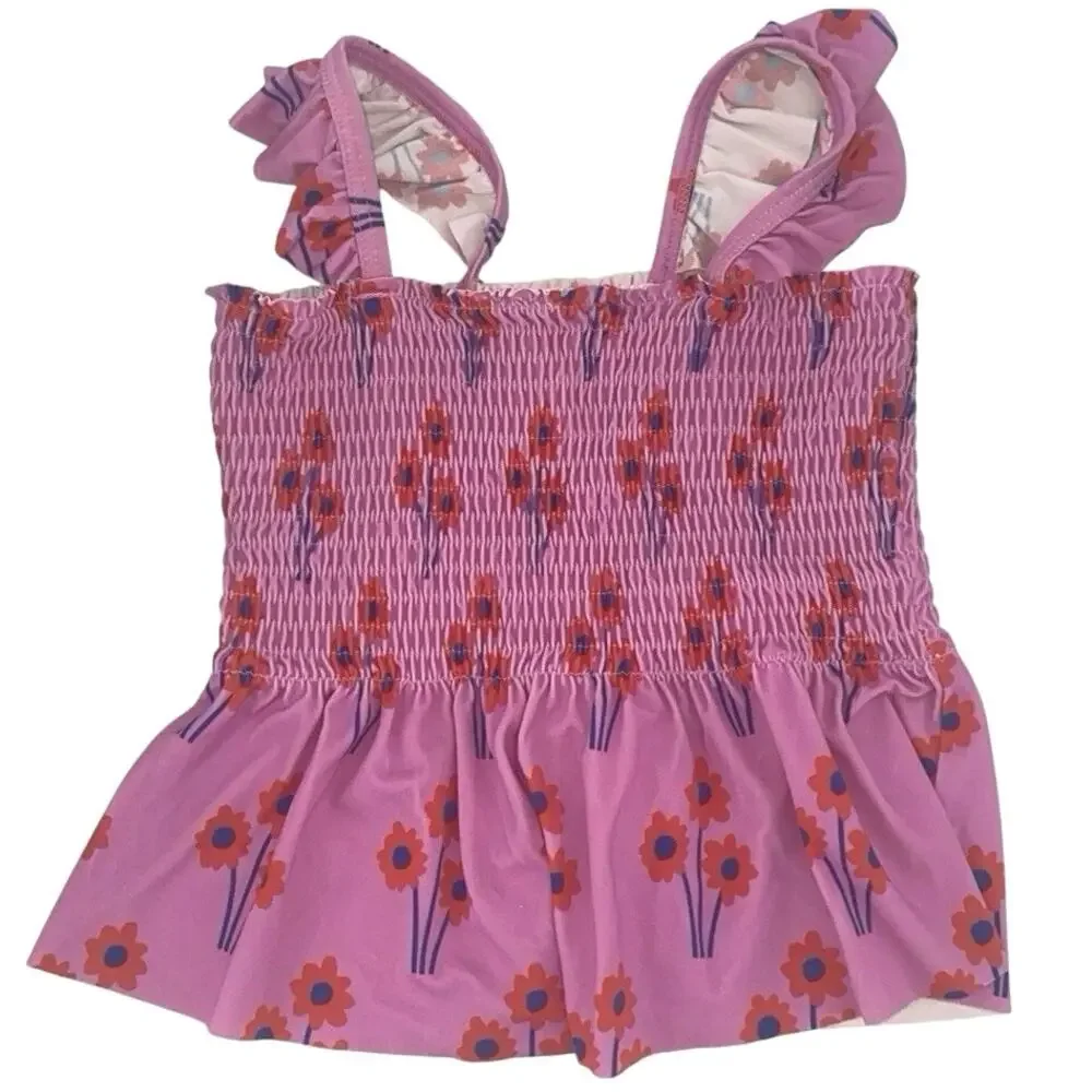 Hanna Andersson Girls Pink Floral Smocked Peplum Tankini Swim Top 110cm 5Y